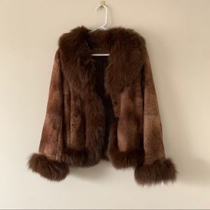 Authentic rabbit fur trim suede coat